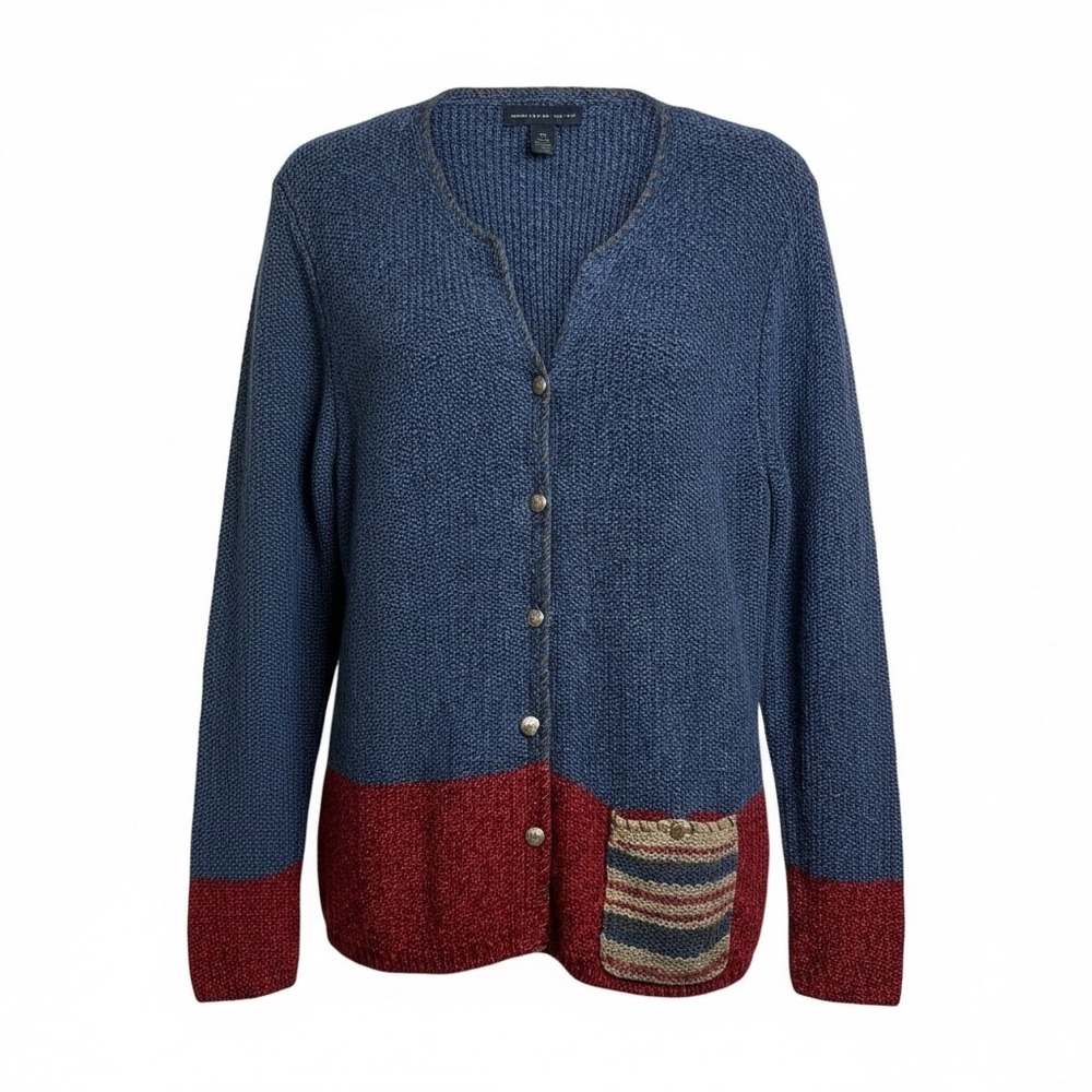 Northern Isles Blue Red Colorblock Ramie Cotton‎ Knit Cardigan Grandmacore L